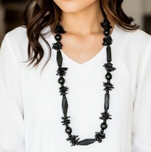 Paparazzi Chunky Textured Black Bead & Disc Long Necklace